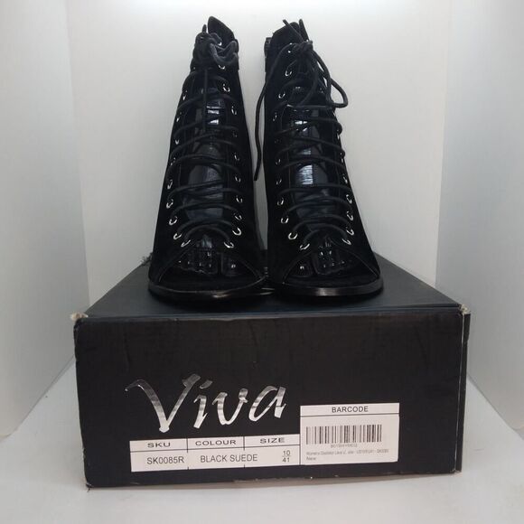 VIVA Womens NEW w/Box Full Open Front Black Laceup Boots & Block Heel - sz. 10 - Picture 2 of 7